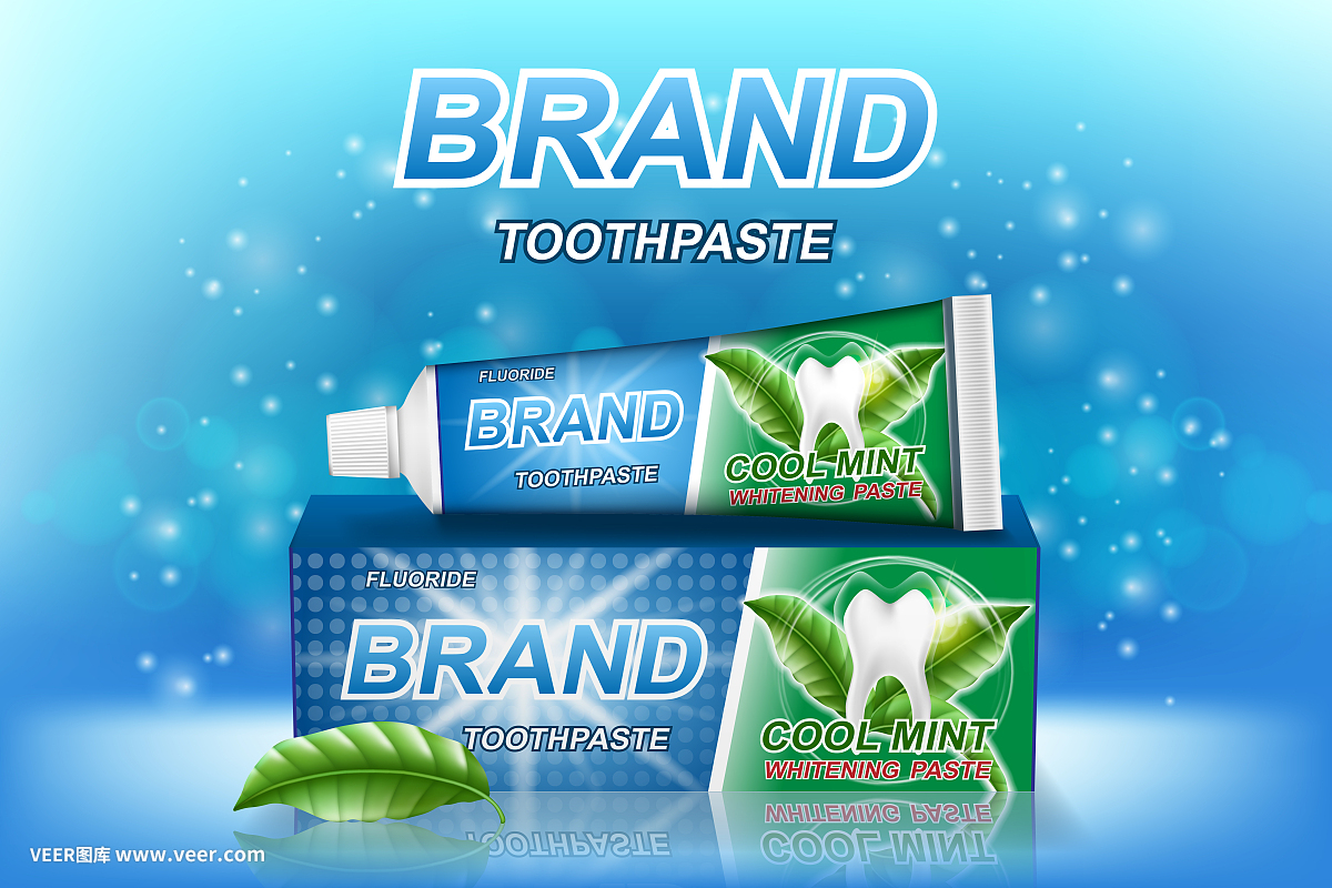 薄荷牙膏廣告。牙齒模型和產(chǎn)品包裝設(shè)計(jì)的牙科保健海報(bào)或廣告。3 d矢量圖